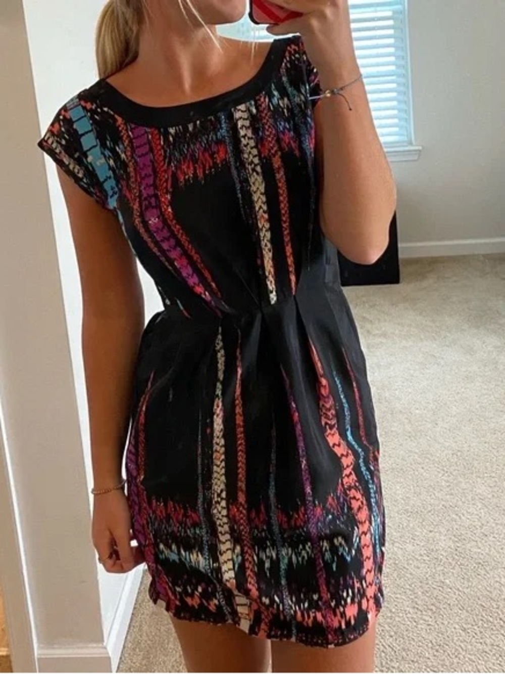 Bebop Dress Women Large Black Colorful Print Back Zip Casual Mini Dress